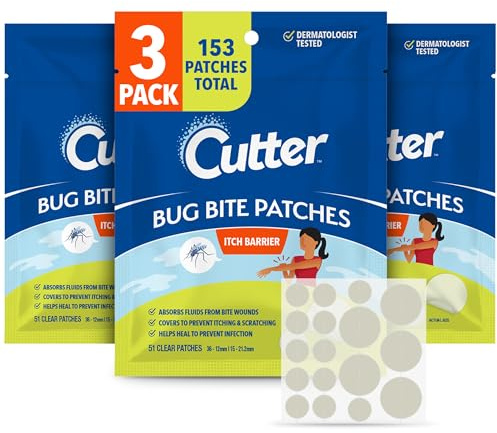 Cutter Bug Bite Patches Itch Relief Hydrocolloid Patches for Kids & Adults, Absorbs Fluids, Helps Heal, Prevents Scratching, Mosquito Itch Relief, Hydrocortisone & Suction Tool Alternative, 153 Count