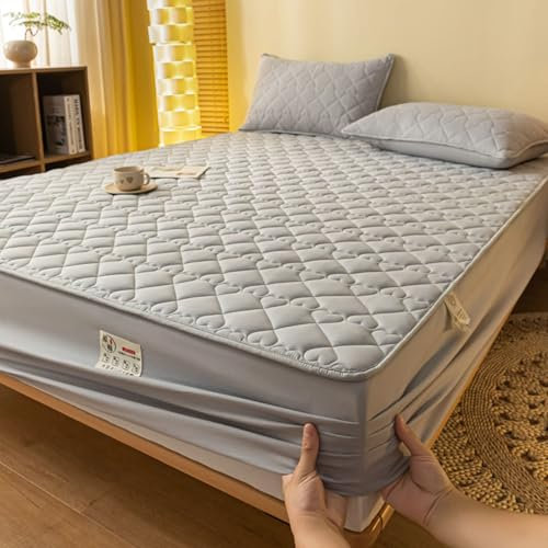 Beydodo Spannbetttuch 180x220 Boxspringbett, Spannbettlaken Baumwolle mit Herzen Kariert Muster Hellgrau Spannbetttuch rutschfest (mit 2 Kissenbezüge 48x74CM)