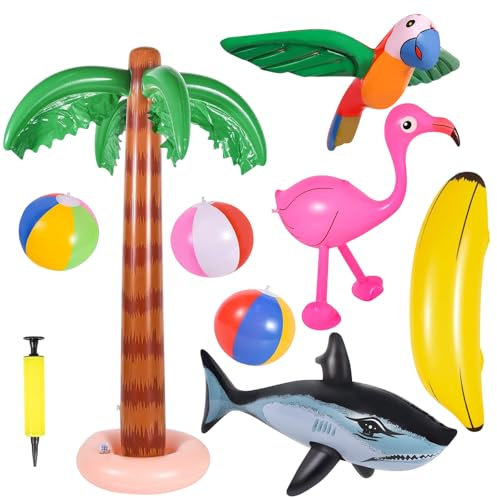 mizikuu Lot de 9 palmiers gonflables en noix de coco, palmiers, flamants roses, jouets gonflables, pour l'été
