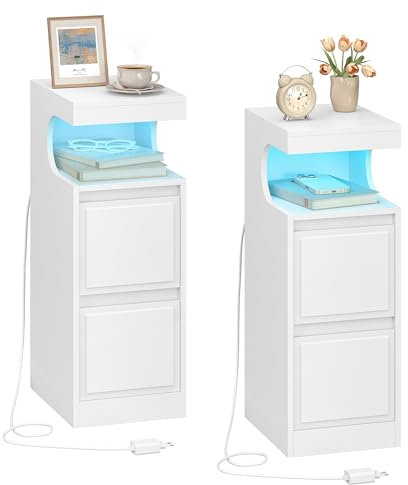 Hzuaneri Mesilla de Noche de 2 con LED, Mesas Auxiliares con 2 Cajones, Mesilla de Noche con Compartimento Abierto, luz Regulable, para Dormitorio, Salón, 30 x 24 x 65 cm Blanco NS39213X