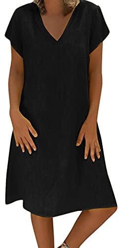 RLEHJN Robe Ete Femme Mi Longue Fluide en Coton Et Lin, Décontracté Manches Courtes Couleur Unie Col V Tunique Ample Chic Et Elegant De Plage