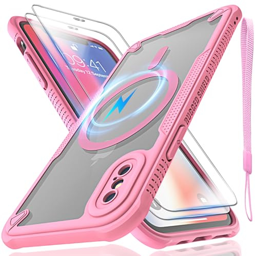 for iPhone X/Xs Case, Translucent Matte Back Compatible with Magsafe Magnetic Slim Shockproof Protective Case with Lanyard Strap and 2*9H Tempered Glass Screen Protector Phone Cover 5.8-inch-Pink