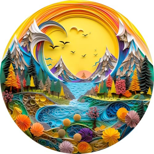 Bgraamiens 1000 Piece Jigsaw Puzzle - Sunset Abstract Paper Art Landscape for Adults - Vibrant Nature Puzzle with Mountains, River & Forest for Relaxing Decor & Gift