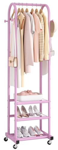 Kaitiemoo Robuster Kleiderständer mit Rollen, moderner Kleiderständer mit 3 Metallablagen, 180 cm Display zum Aufhängen von Kleidung, Kleiderstange für kleinen Raum, Rosa
