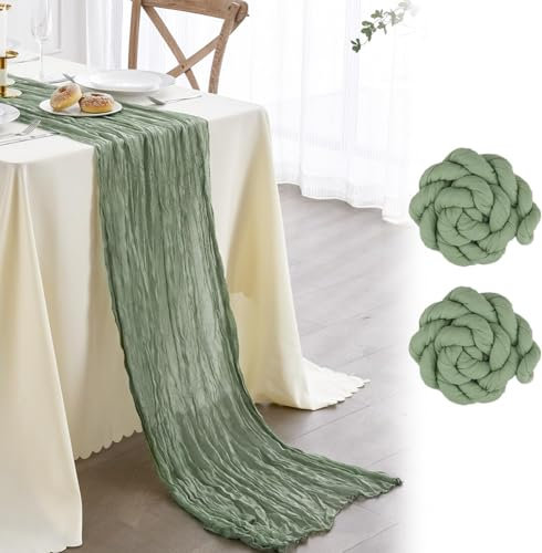 FOLAI 2 Stück Boho Tischläufer aus Käsetuch Table Runner Table Cloth – Rustikale Hochzeitstischdeko für Brautdusche, Geburtstag & Feiern (90x300cm) – Öko-Baumwolle & Wiederverwendbar (hellgrün)