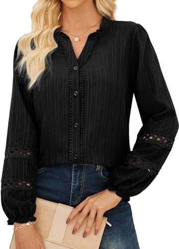 GRACE KARIN Ladies V-Neck Button Up Shirt Long Sleeve Elegant Formal Christmas Blouses Shirts Evening Tops Size 14 M Black