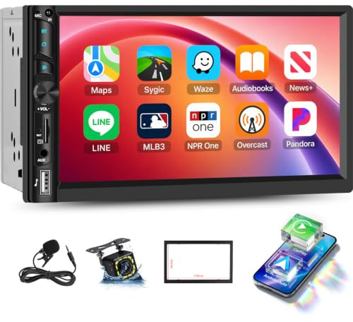 OiLiehu Double Din Car Stereo Wireless CarPlay Android Auto, 7 Car Radio 2 Din with IPS Touchscreen, Mirror Link, Bluetooth, FM Radio, USB, AUX, EQ, SWC, TF-Slot, Backup Camera, 2 DIN Frame