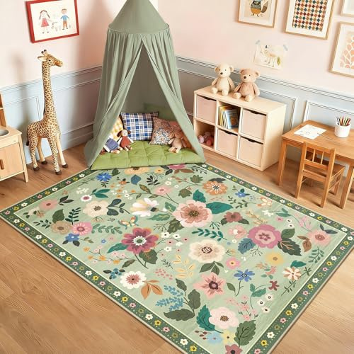 DEFYNEE Teppich Wohnzimmer 120x180cm Hellgrün, Blumen Waschbare Teppiche | Boho Vintage Blumenmuster Wohnzimmerteppich, Waschbarer & Rutschfester Kurzflor Weich für Wohnzimmer, Schlafzimmer, Esszimmer