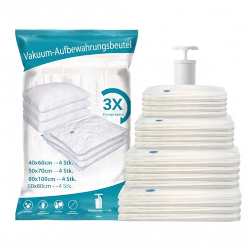 Vakuumbeutel Set mit Handpumpe – 16 Vakuumbeutel (4×40x60, 4×50x70, 4×60x80, 4×80x100 cm) – Platzsparende Aufbewahrungsbeutel für Kleidung, Bettwäsche & Reisen