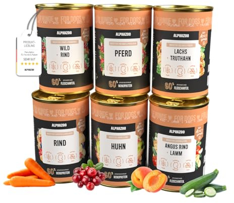 alphazoo Nassfutter Probierpaket Hund 6×400g – Monoprotein Rind, Huhn & Pferd, getreidefrei & ohne Zusätze. Hochwertiges Hundefutter für Sensible Hunde & sanfte Verdauung, ideal zum Kennenlernen