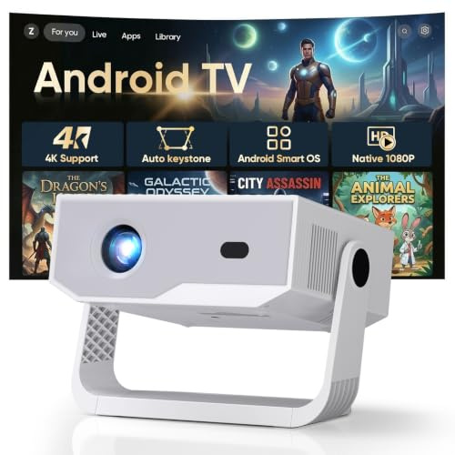 2026 Smart Projector Built-in-Apps, Android TV, Supported 4K/Native 1080P, 300 ANSI, Wifi 6 Bluetooth 5.2, Portable Mini Movie Projector for Bedroom Home, Auto Keystone, iOS/Switch/PS5