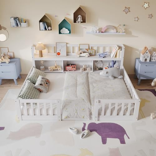 Montessori Bett 140x200 cm,Kinderbett 140x200 cm,Kopfteil mit Staufach,Bodenbett aus Holz,Kinder Bett Bodenbett Mit Rausfallschutz,Jugendbett Einzelbett,Massivholz,ohne Matratze (Weiß-2, 140x200cm)