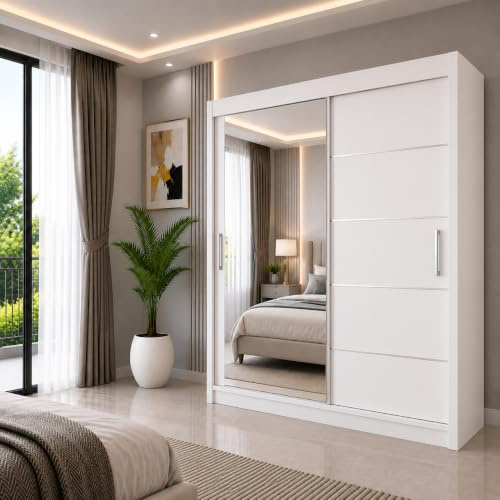 REXwood Furniture Lyon Sliding Door Wardrobe with Mirror, Modern Bedroom Wardrobe with Shelves, Hanging Rails & Drawers, Mirrored Storage Cabinet, 120-250 cm (White, 203cm)