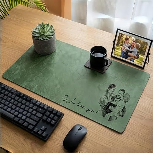 Personalised Mouse Mat with Line Art Image, Personalised Gifts for Dads from Daughter Son, Custom Mouse Pad with Name, PU Leather Non-Slip Desk Mat for Home Office Gaming (01)