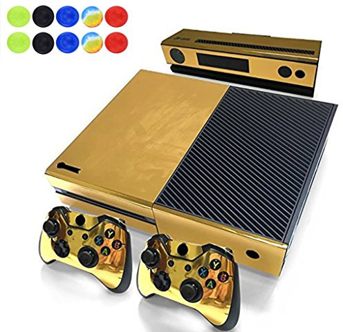 Morbuy Skin for Xbox One Vinyl Peau Protective Autocollant Decal Sticker pour Microsoft Xbox One Console + 2 Autocollant Manette et 1 Autocollant Kinect Set + 10pc SiliconeThumb Grips (Or Brillant)