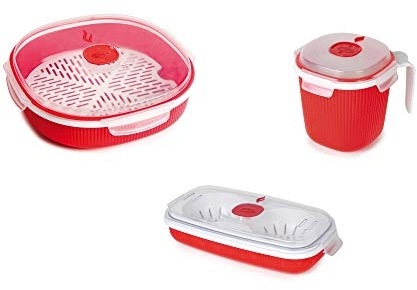 SNIPS Set 3 pz Contenitori per la Cottura al microonde Linea TempoZero: Mug, Cuoci Uova & Omelette, Vaporiera 2 lt, Rosso, taglia unica