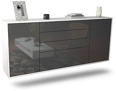 Dekati Sideboard Alexandria hängend (180x77x35cm) Korpus Weiss matt - Front Hochglanz Grau - Push to Open - Leichtlaufschienen