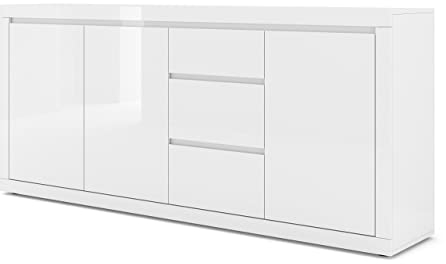 BIM Furniture Kommode 195 x 40 x 89 cm – Sideboard mit 3 Türen und MDF-Fronten, Grifflos - Wohnzimmerkommode Bello Bianco IV mit Hochglanzfront & Mattkorpus Weiß