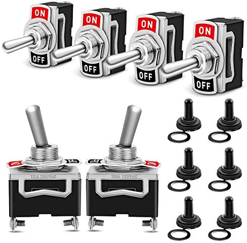 Kippschalter 15A 250V / 20A 125V SPST 2-Polig Ein/Aus Wippschalter mit Metallhebel Wasserdicht Schutzkappe für Auto Truck Boat KFZ LKW 6 Stück