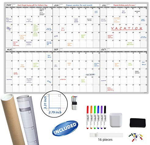 Großer trocken abwischbarer Wandkalender – 152.4 x 96.5 cm undatierter Blanko-6-Monatsplaner – riesiges Whiteboard 6 Monate Poster – Premium laminierter undatierter Kalender für Klassenzimmer, Büro