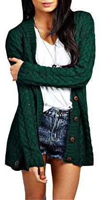Mix Brand Elegant Womens Chunky Cable Knit Cardigan Daisy Button Everyday Aran Long Sleeves Grandad Plus Sizes UK (Bottle Green, M/L (12-14))