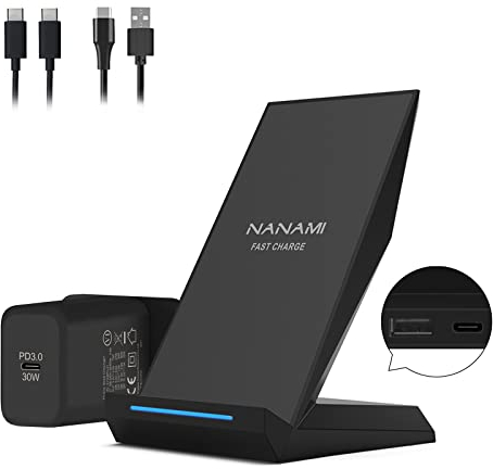 NANAMI Wireless Charger with 30W USB-C Charger - 15W Max Cordless Charging Stand for Samsung Galaxy S25 S24 S23 Ultra S22 S21 S20 S10, 2-in-1 Qi Fast Contact Charger for iPhone 16 15 14 13 12 11 X 8