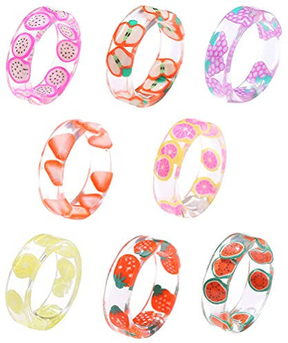 Harzringe Frauen, 8Pcs Harzringe Bunte Acrylringe Frauen Harz Fingerringe Set Chunky Fruit Rings Bunte transparente Obst Kunststoffringe