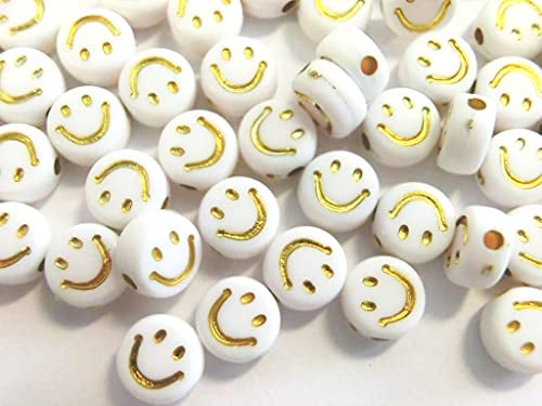Smiley Happy Perlen lachendes Gesicht Mix 7mm Perlenset zum auffädeln (200 Happy Perlen weiß gold #24)