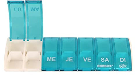 Anabox - Pilulier Semainier Box7 Turquoise - Organisateur de Médicaments 7 Jours avec Séparateur - Boîte à Pilules Double Compartiment - Compact et Lavable - Fabriqué en Allemagne