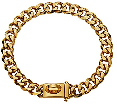 Eurobuy Gold Cuban Link Chain Dog Collar - Heavy Duty Necklace With Metal Buckle and D Ring for Medium Large Dogs - Puppy Costume