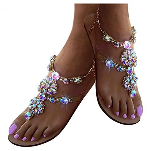 pitashe_Bekleidung Sandalen Damen mit Absatz Retro Sommer Rom Farbe Glitzer Strass Kreuzgurt Flache Frauen Strandsandalen Pantoletten Römersandalen Sandaletten Flip Flops Sommerschuhe, 42（41 EU）