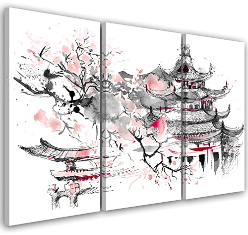 Feeby 3-teilig Leinwandbild XXL 120x80 cm Japan Pagode Blühender Kirschbaum Wandbild Kunst Bilder Schlafzimmer Deko Wohnzimmer Orientalisch Asien Osten Rosa
