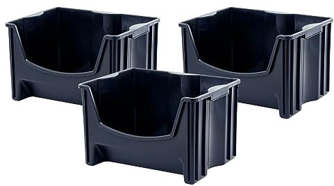 Mighty Tuff Jumbo Stackable Storage Bins, Pack of 3, Easy-Access Storage, Large Easy-To-Grip Handles, Wide Front Opening, Interlocking, Stack Vertically, Black