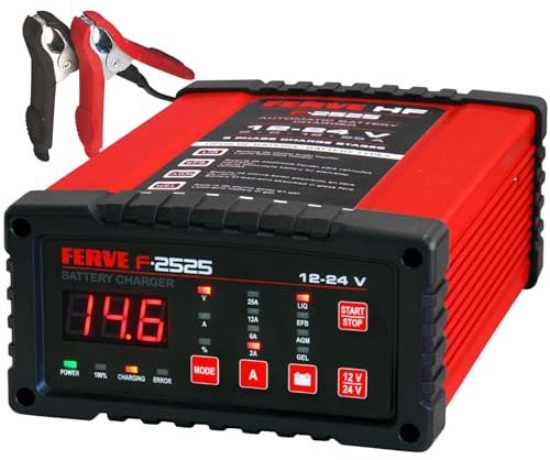 Ferve F-2525 Cargador de Baterías Automático - Mantenedor Inteligente 2-25A 12V/24V – Función Test y Alternador – Tecnología RF – Pantalla LED con Voltímetro y Amperímetro – para Baterías Plomo-Ácido