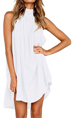 QKEPCY Vestito Donna Elegante Corto Abito Spalle Scoperte Casual Moda Vestitino Tunica Primavera Estate Mini Abitino Copricostume Abito a Tinta Unita a Pieghe per Il Tempo Libero (Bianco M)