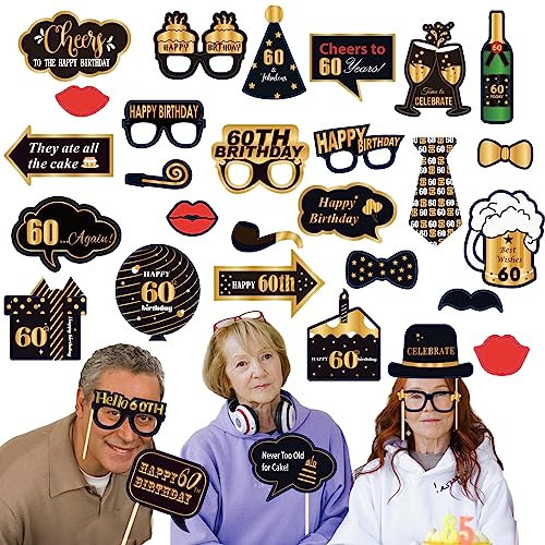 32 Stücke Schwarzes Gold Geburtstag Foto Requisiten 60. Geburtstag Fotobox Accessoires mit Stock Gold und Schwarz Foto Gastgeschenke Lustige Fotokabinen Requisiten für Geburtstagsfeier Dekoration