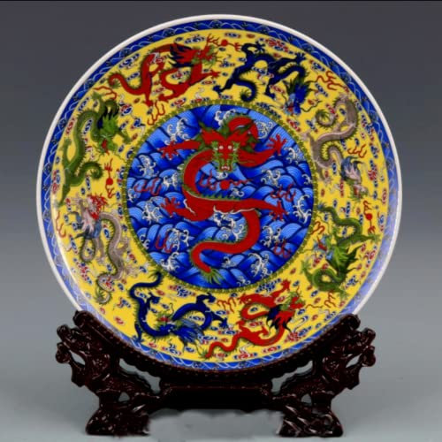 Plato de porcelana antigua Qing Qianlong de porcelana con diseño de dragón rosa y soporte de 25,4 cm