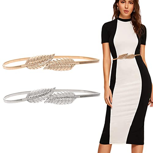 Amindz 2 Stück Damen Skinny Gürtel, Metall Gürtel Damen Taillengürtel Stretchgürtel,taillengürtel damen Gold Silber für Hochzeiten Valentinstag Familientreffen Weihnachtsfeiern