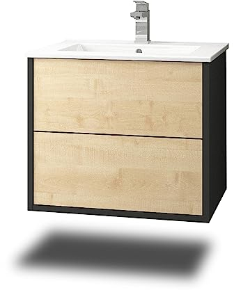 Stil.Zeit Evelia Badmöbel inkl. Waschbecken | Waschtisch mit Unterschrank 60.5 cm | Anthrazit/Dekor Ahorn| Push-to-Open/hängend