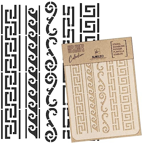 NAKLEO Malschablone für Handwerk A4 21x30cm, Griechische Ornamente Geometrisch Muster, Wiederverwendbare Kunststoff DIY & Scrapbooking Zeichenschablone, Decoupage Kunst Vorlage, Stoff Möbel Holz