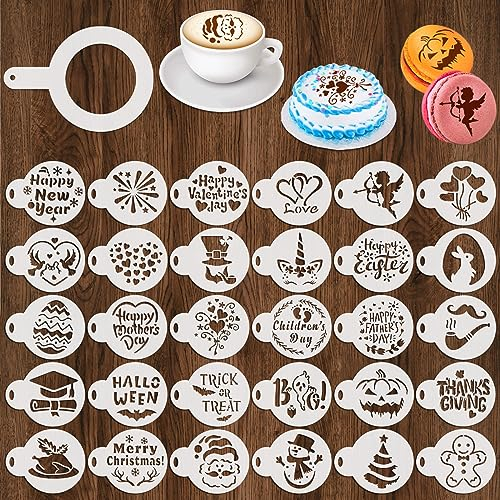 MWOOT 30 Pcs Cookie Stencils for DIY Mixed Holiday Themes,Painting Templates for Cake Decorations Latte Art Mold,Plastic Baking Cakes Stencils,Reused Coffee Decorating Molds for DIY Craft Decor