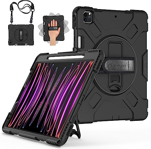 Miesherk Schutzhülle für iPad Pro 12,9 Zoll 6. / 5. / 4. Generation, Militärqualität, strapazierfähig, stoßfest, iPad Pro 12,9 Zoll, drehbarer Ständer, Stifthalter, Hand-/Schultergurt, Schwarz +