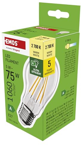 EMOS LED Lampe Edison A60, 5W Ersatz für 75W Glühbirne, A Klasse Vintage-Birne mit E27 Sockel, Helligkeit 1060 lm, Warmweiß 2700 K, extra lange Lebensdauer 50000h, CRI min. 80, 300° Abstrahlwinkel