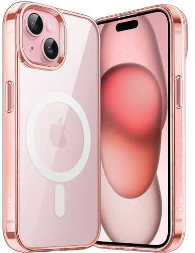 JETech Cover Magnetica per iPhone 15 Plus 6,7 Pollici Compatibile con MagSafe Ricarica Wireless, Telefono Custodia Antiurto, Retro Antigraffio Trasparente (Oro Rosa)