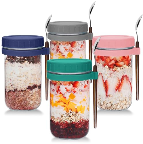 UHAPEER Glas Müslibecher to go mit Deckel und Löffel, 4er Set joghurtbecher to go mit Deckel und Löffel, 600ml Einmachgläser Overnight Oats Gläser, Salatbecher für Jogurt, Porridge, Cornflakes, Muesli