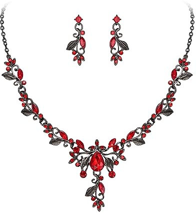 EVER FAITH Schmuck-Sets für Braut Österreichische Kristall Cluster Floral Vine Blatt Marquise Tropfen Halskette Ohrringe Set für Damen Rot Schwarz-Ton