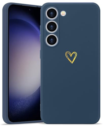 Wirvyuer for Samsung S23 Case Cute Heart Case for Women, Navy Blue | Skin-feel Soft Silicone, Love-Heart Pattern Design Phone Case, Shockproof Protective Slim TPU Bumper Cover for Girls