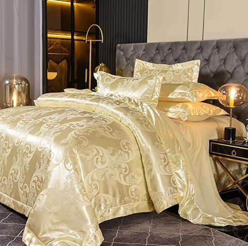 Tospass Beige Bettwäsche Satin 200x220 Microfaser 3Teilig Creme Jacquard Stickerei Prozess Blumen Bettwäsche-Sets, 1 Bettbezüge 200x220 und 2 Kissenbezüge 80x80 mit Reißverschluss
