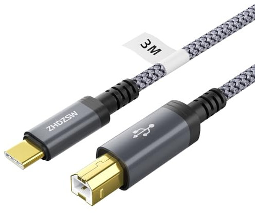 USB B to USB C Cable 3M USB C Printer Cable Braided Suitable forMacBook Pro/Air, Matebook, Dell, HP, Canon, Scanner, Digital Piano,MIDI etc