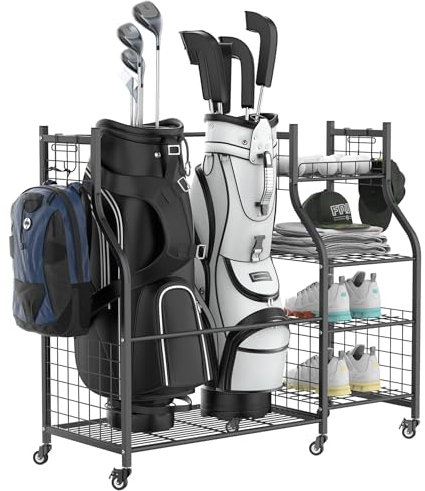 WALMANN Garage Golf Bag Storage Organizer Stand, Extra Large Golf Bag Stand with Golf Accessories Storage Shelves Rolling Golf Bags Organizer